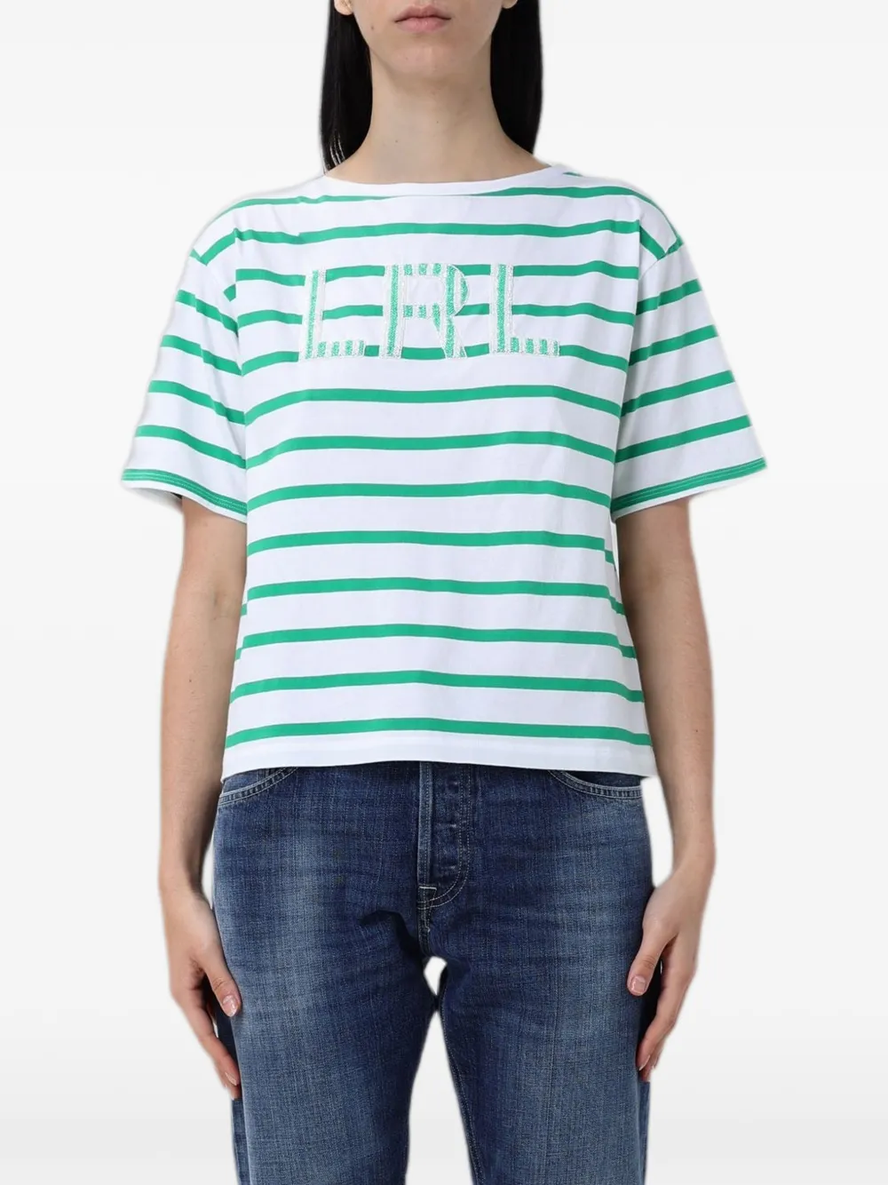 Lauren Ralph Lauren striped logo-patch cotton T-shirt - Bianco