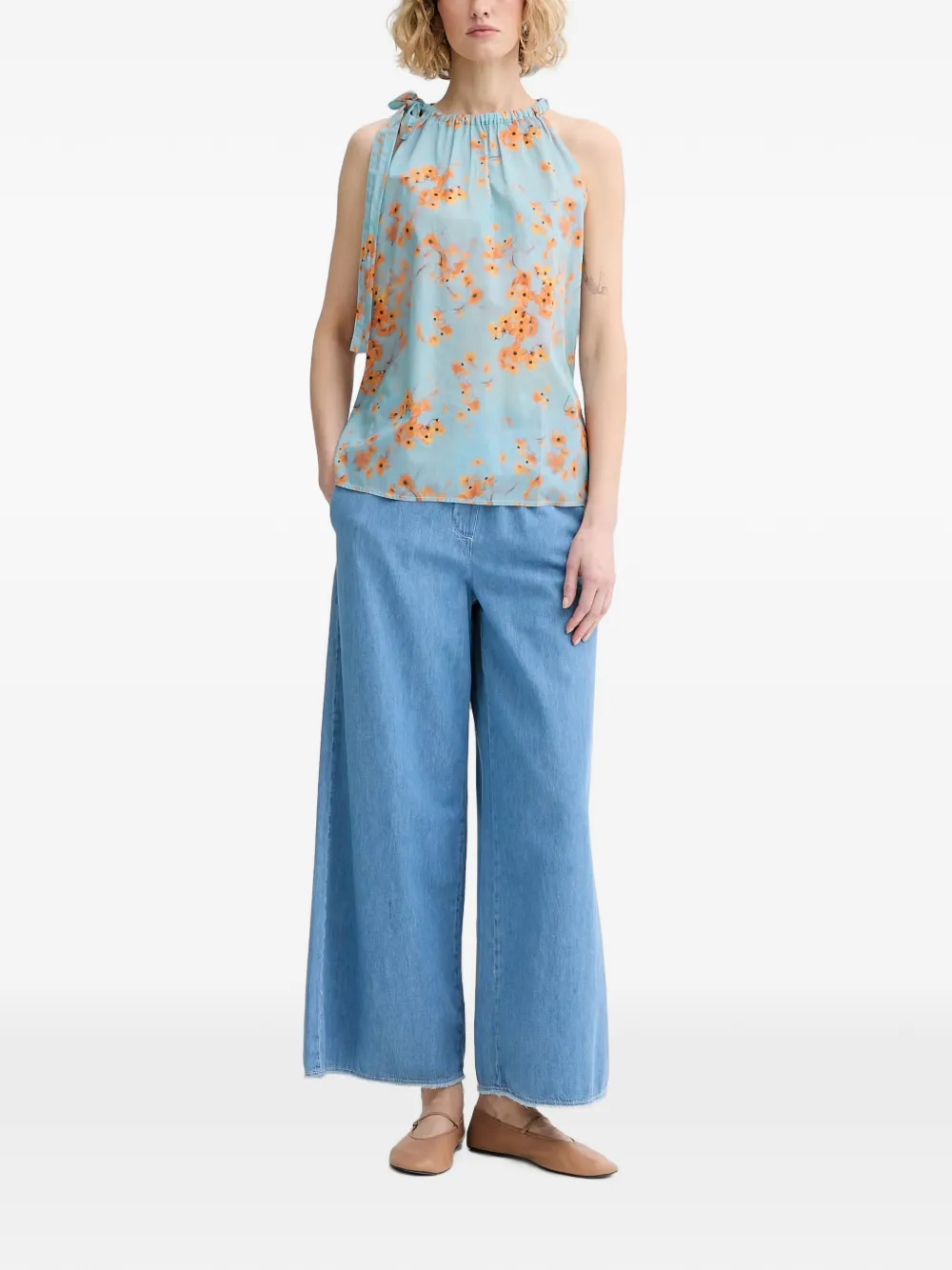 Marc O'Polo floral-print tie-fastening top Blauw