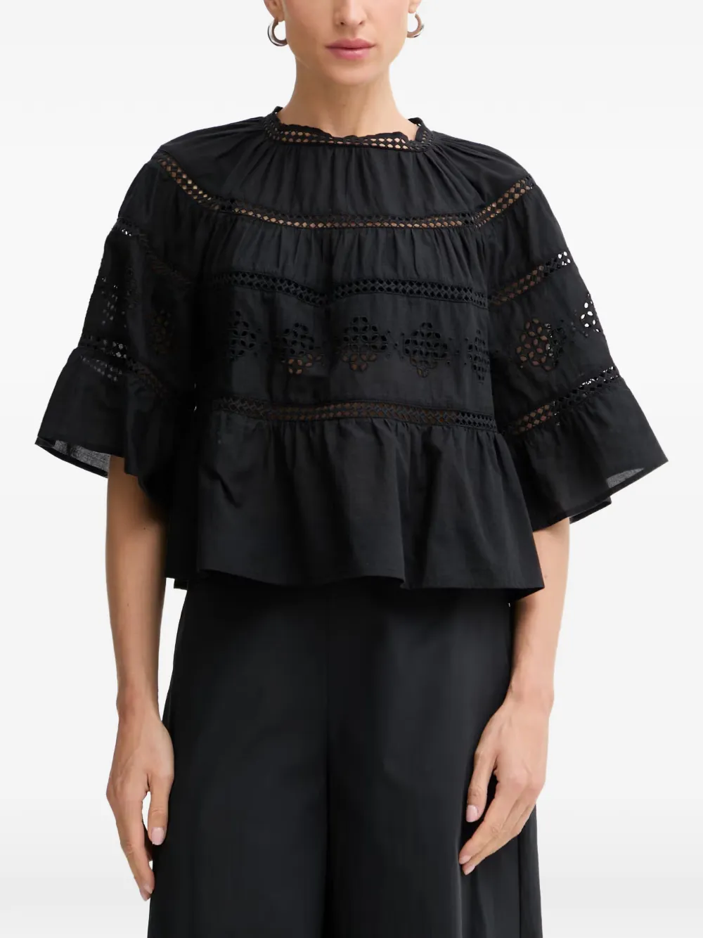 Marc O'Polo broderie-anglaise tiered blouse - Nero