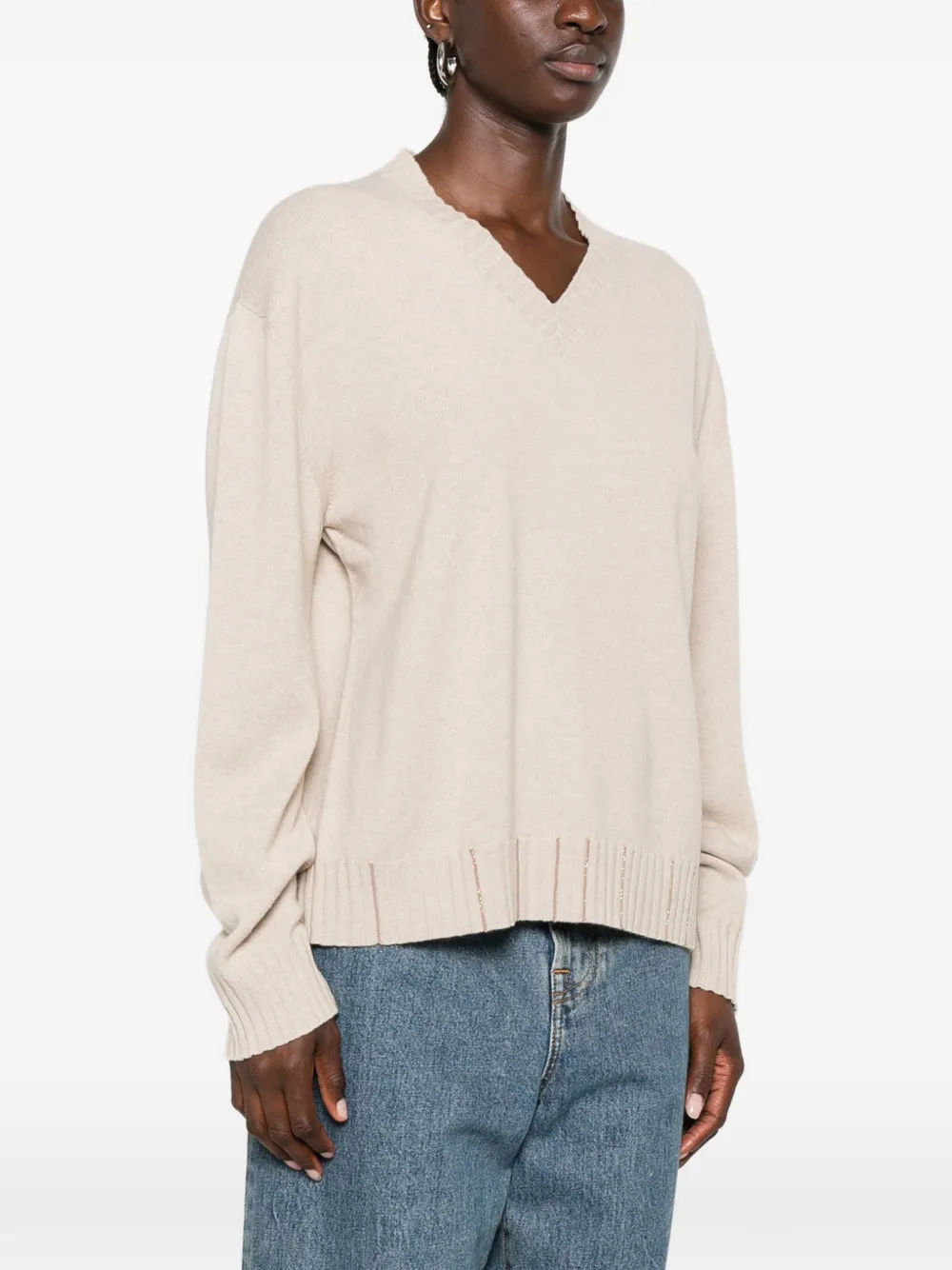 Fabiana Filippi Trui met V-hals en geribbelde afwerking Beige