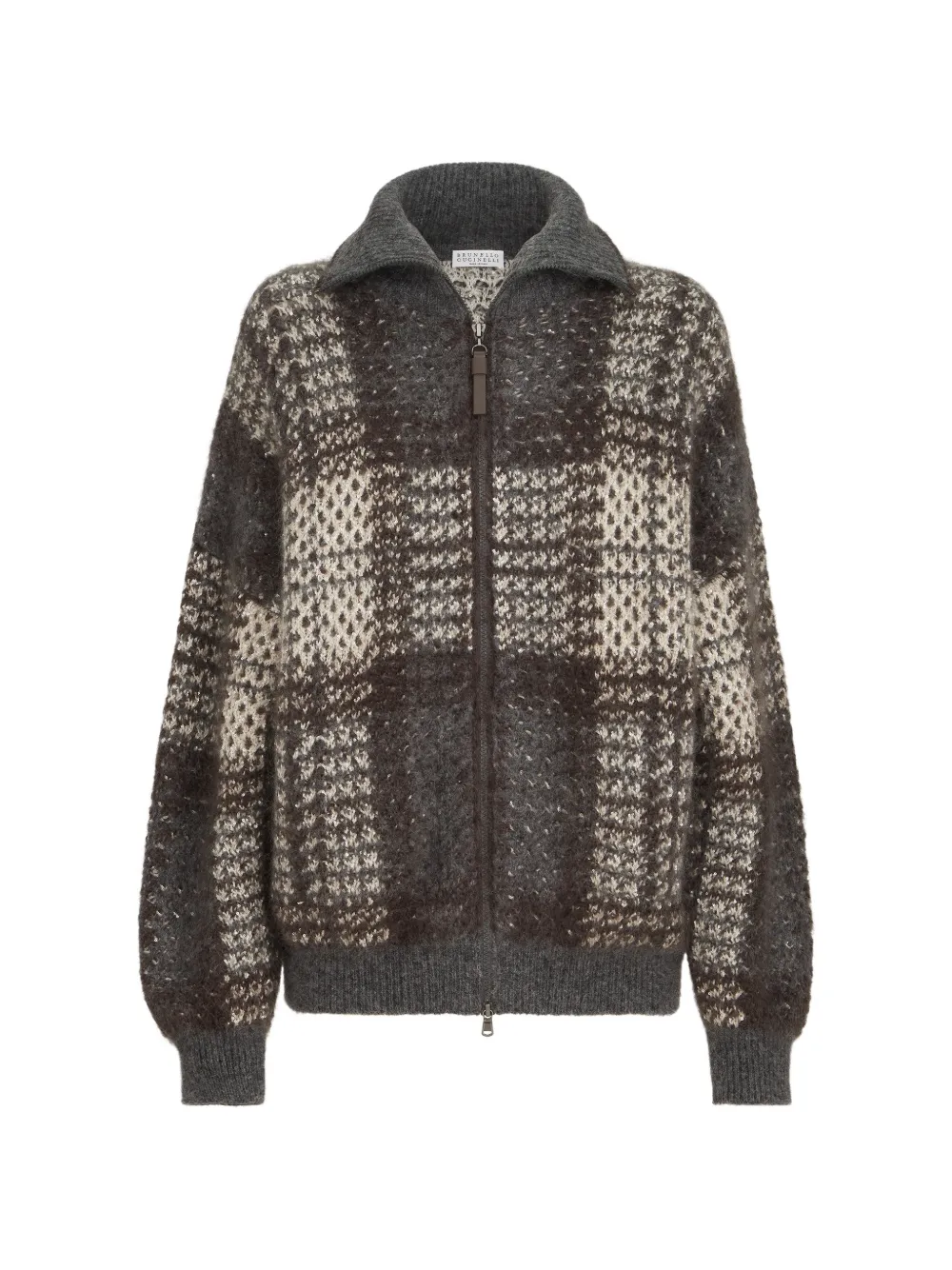 Brunello Cucinelli Giacca in mohair, lana vergine e cashmere con motivo tartan e zip - Grigio