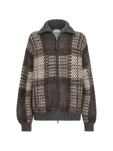 Brunello Cucinelli overjakke i skotskternet dobbeltstrik af mohair, jomfruuld og kashmir med blank lynlåstrækker