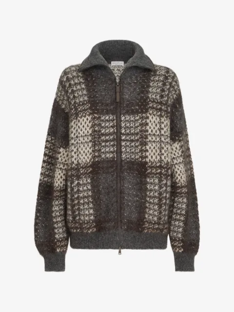 Brunello Cucinelli Outdoorjacke aus doppeltem Jacquard-Tartan-Strick aus Mohair, Schurwolle und Kaschmir mit glänzendem Reißverschluss-Schieber