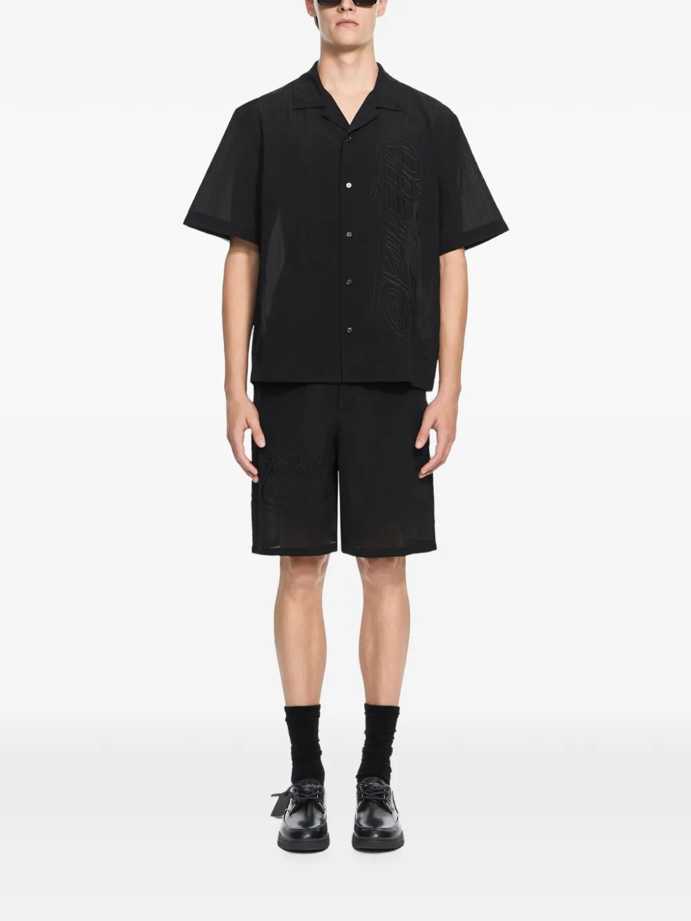 Off-White Handstyle organza bowlingshirt met logo Zwart
