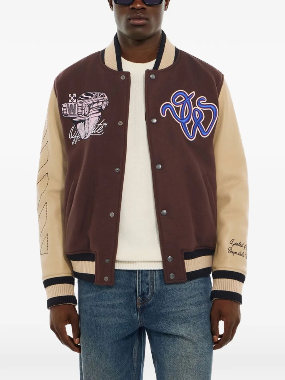 Off-White Cat Off leather and wool varsity jacket - Braun