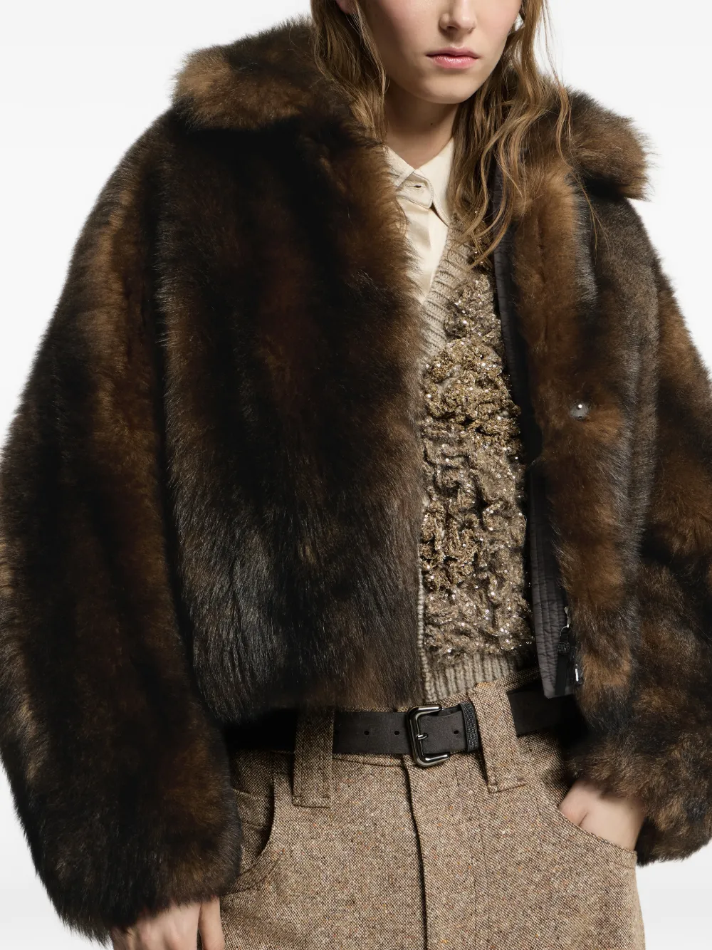 Brunello Cucinelli Lammy jack met glanzende ritssluiting Bruin