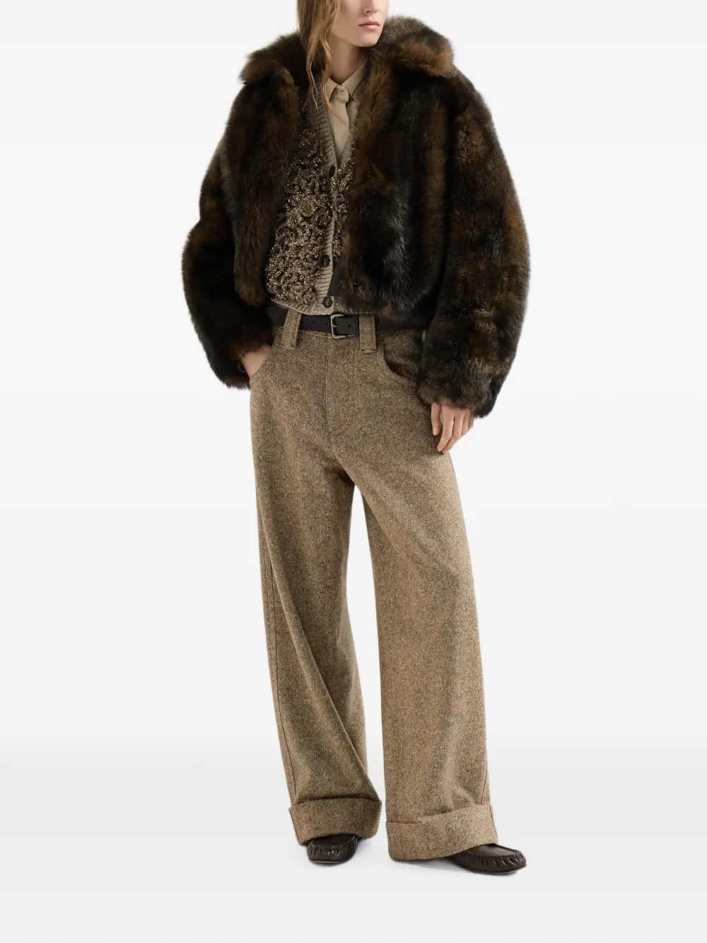 Brunello Cucinelli Lammy jack met glanzende ritssluiting Bruin
