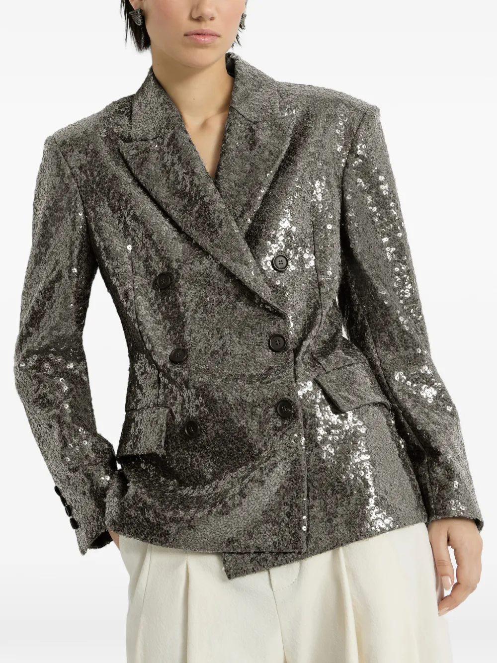 Brunello Cucinelli Blazer van scheerwollen flanel met borduurwerk in glanzende textuur Grijs