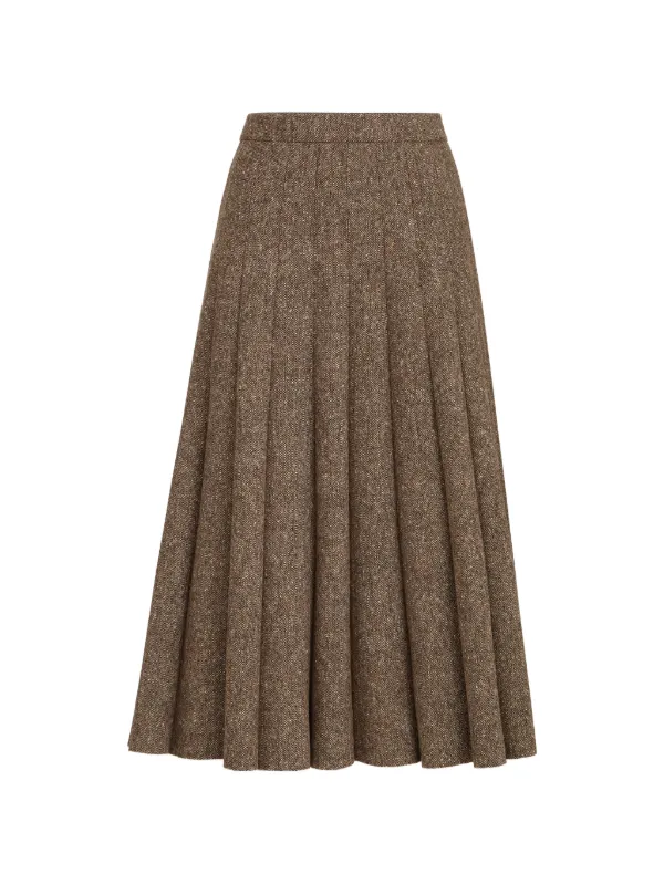 Brunello Cucinelli Virgin Wool Donegal Pleated Skirt in Brown