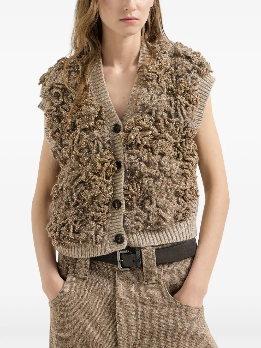 Brunello Cucinelli Handmade Dazzling Blossom Opera gebreide top van zacht scheerwol en kasjmier Beige