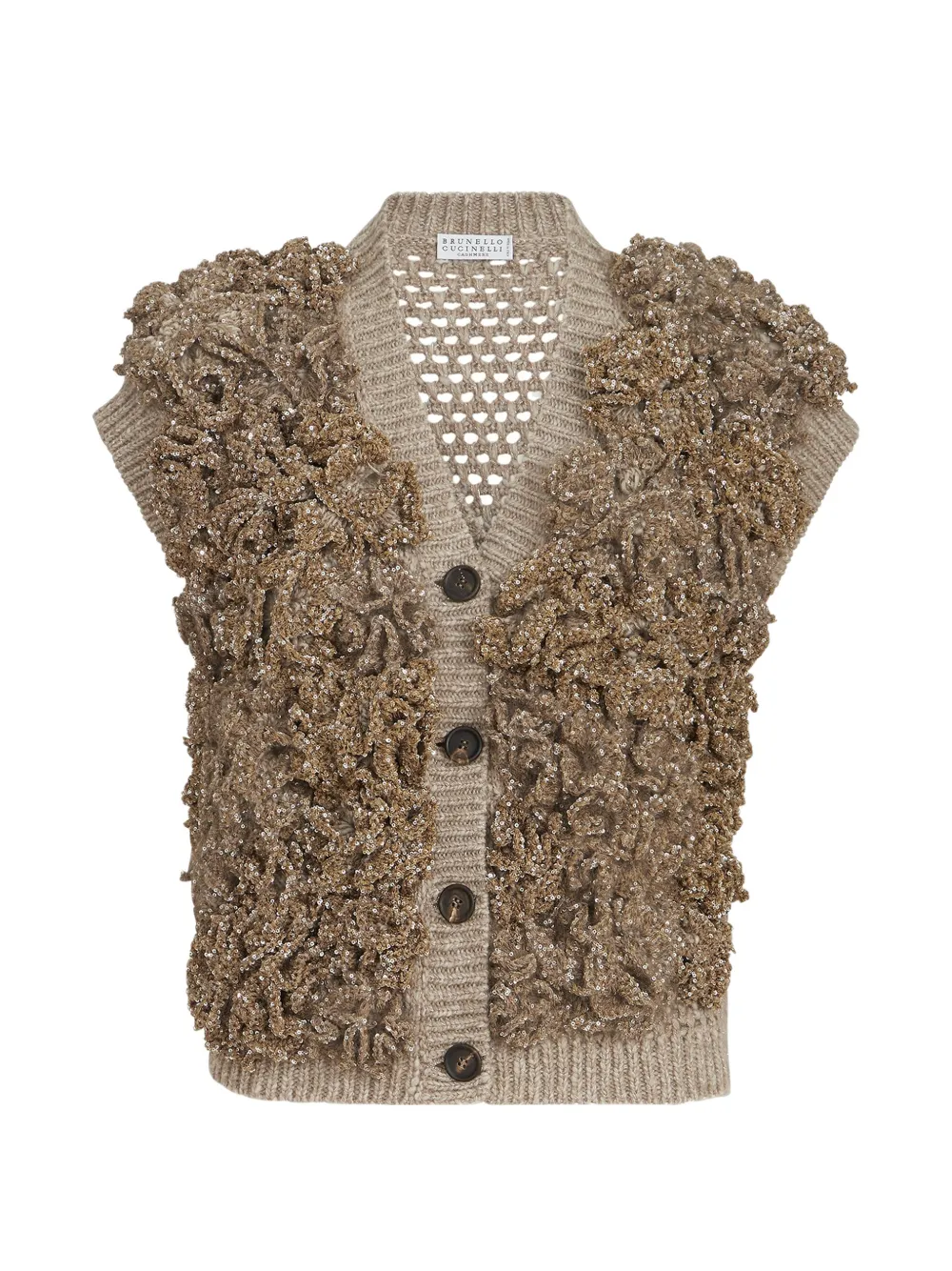 Brunello Cucinelli Handmade Dazzling blossom Opera knit vest in soft virgin wool and cashmere - Toni neutri