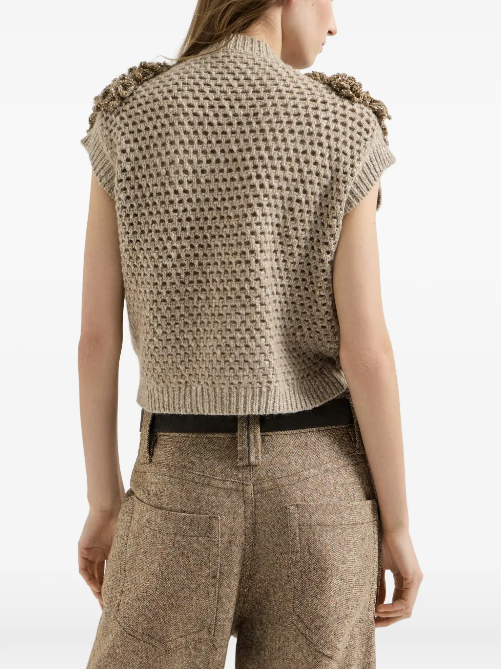 Brunello Cucinelli Handmade Dazzling Blossom Opera gebreide top van zacht scheerwol en kasjmier Beige