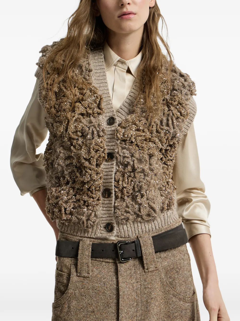 Brunello Cucinelli Handmade Dazzling Blossom Opera gebreide top van zacht scheerwol en kasjmier Beige