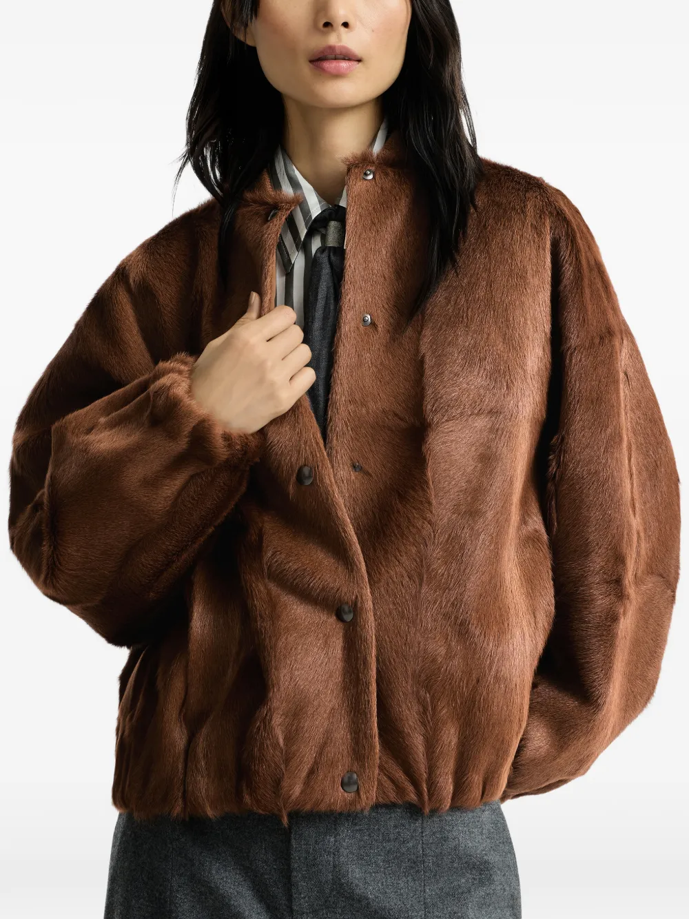 Brunello Cucinelli Kasjmier lammy bomberjack met monili Bruin