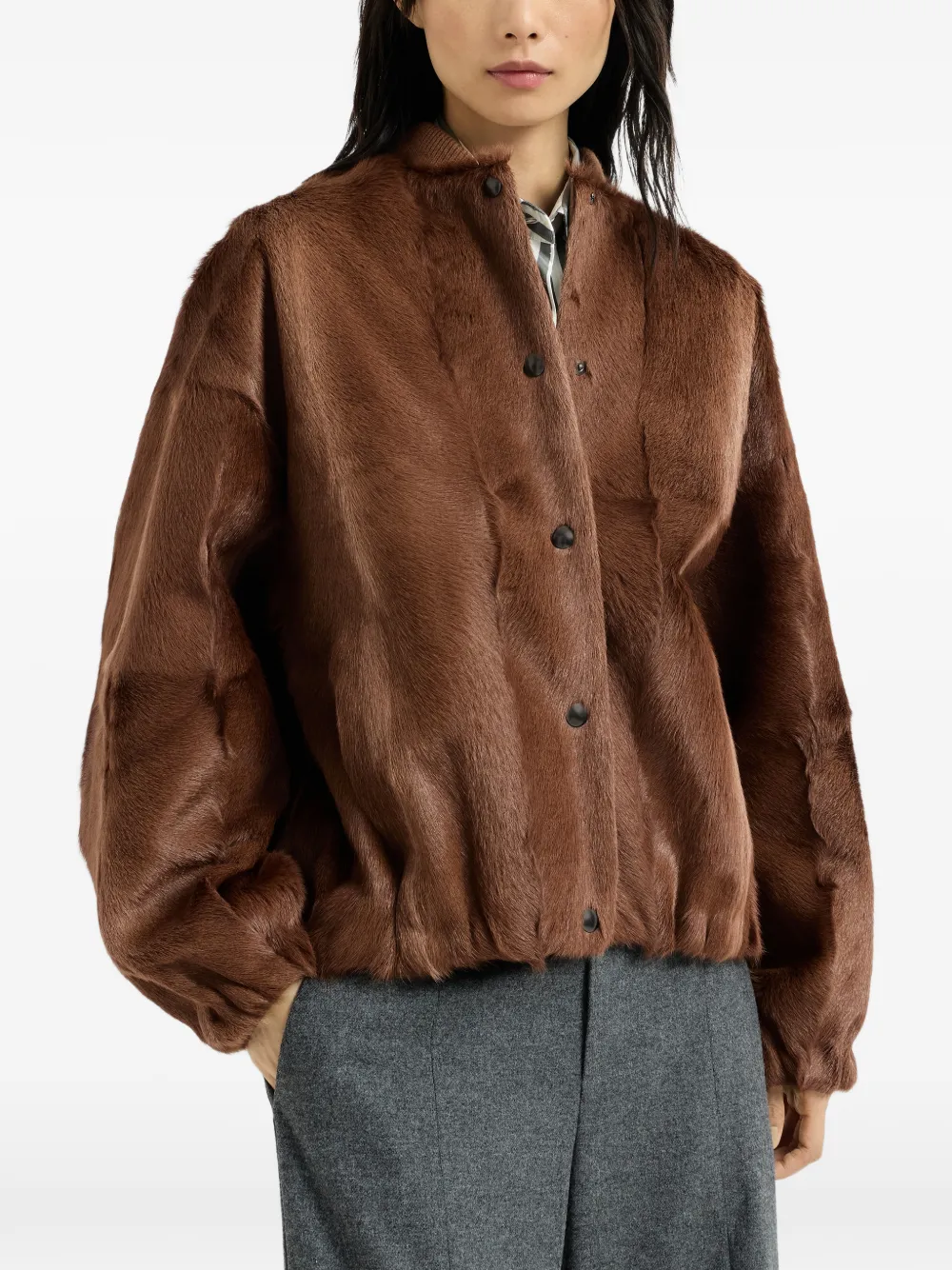 Brunello Cucinelli Kasjmier lammy bomberjack met monili Bruin