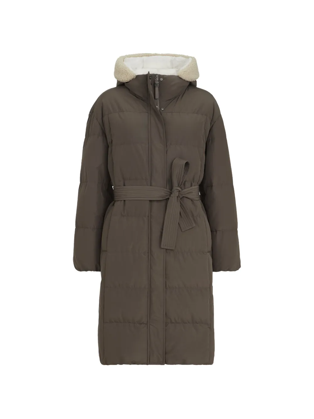 Brunello Cucinelli techno cotton taffeta down coat with shearling inserts and shiny zipper pull - Braun
