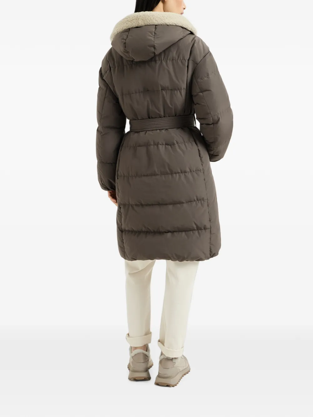 Brunello Cucinelli Techno katoenen taffeta donsjas met lammy inzetstukken en glanzende ritssluiting Bruin