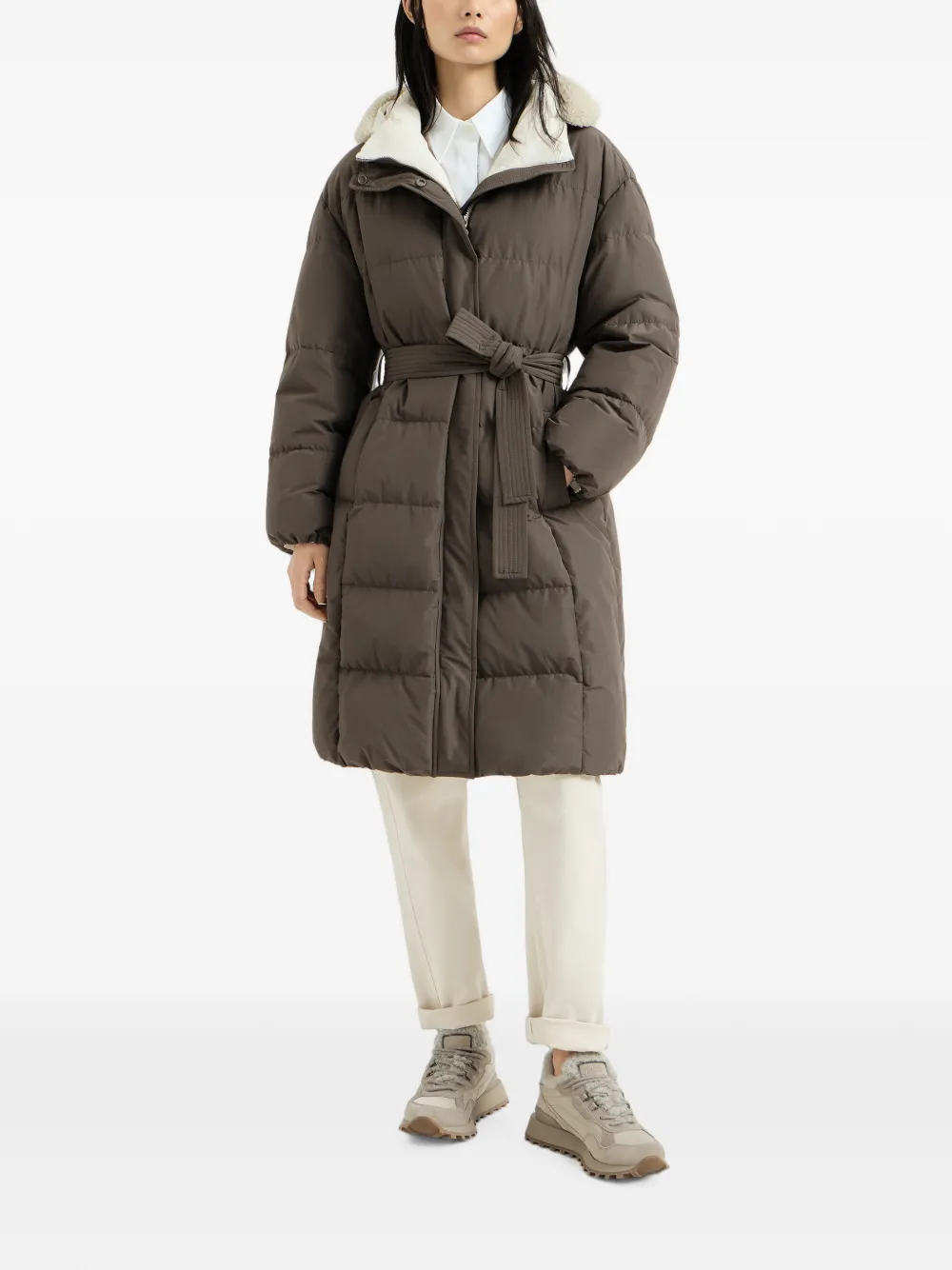 Brunello Cucinelli Techno katoenen taffeta donsjas met lammy inzetstukken en glanzende ritssluiting Bruin