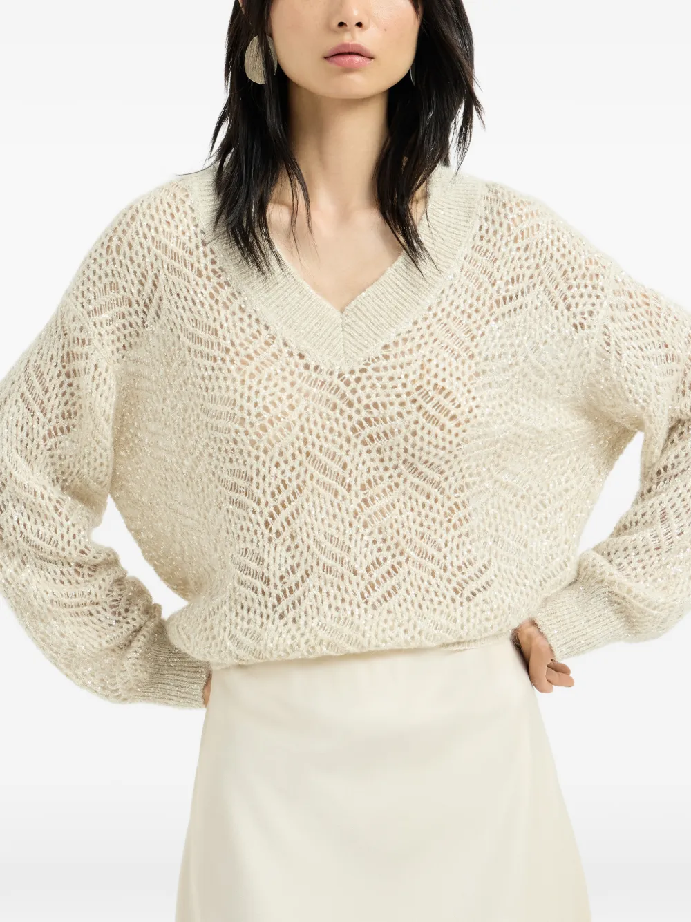 Brunello Cucinelli Dazzling trui van mohair en wol met abstract blad Beige