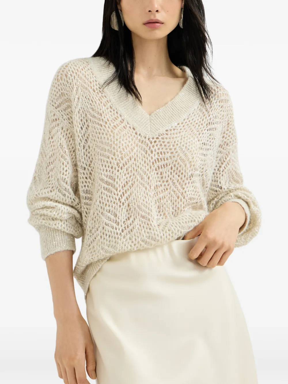 Brunello Cucinelli Dazzling abstract-leaf sweater in mohair and wool - Toni neutri