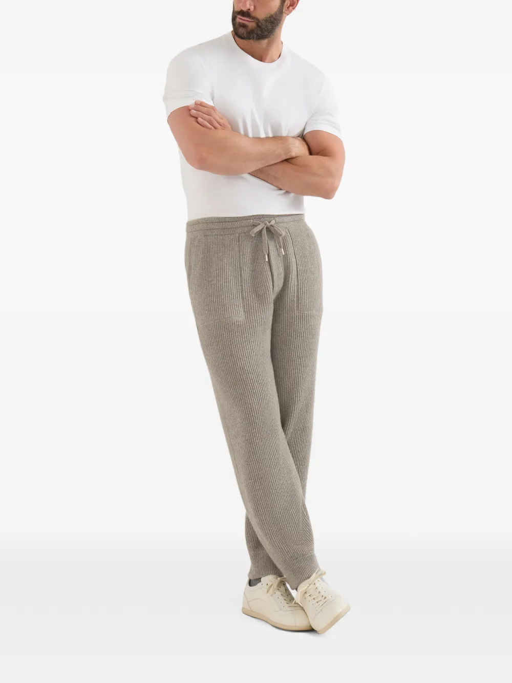 Brunello Cucinelli Kasjmier ribgebreide joggingbroek Beige