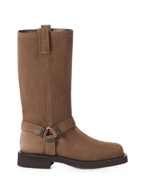 Brunello Cucinelli Suede Biker Boots with Shiny Monili Loops in Brown