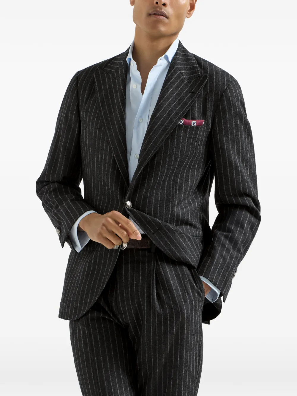 Brunello Cucinelli Flanellen gedeconstrueerde blazer met krijtstreep en scheerwol en puntige revers en metalen knopen Grijs