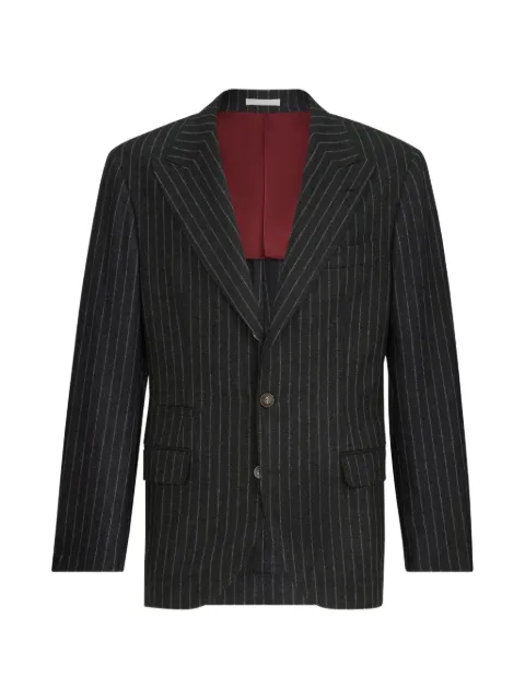 Brunello Cucinelli virgin wool and cashmere chalk stripe flannel deconstructed blazer with large peak lapels and metal buttons