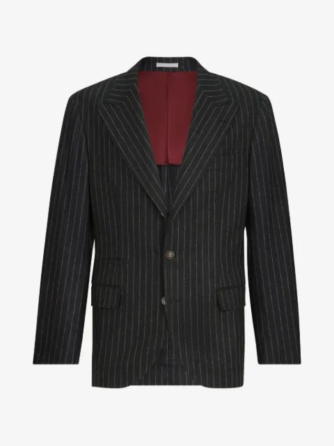 Brunello Cucinelli dekonstruerad kritstrecksrandig flanellblazer i jungfruull och kashmir med stora spetsiga slag och metallknappar