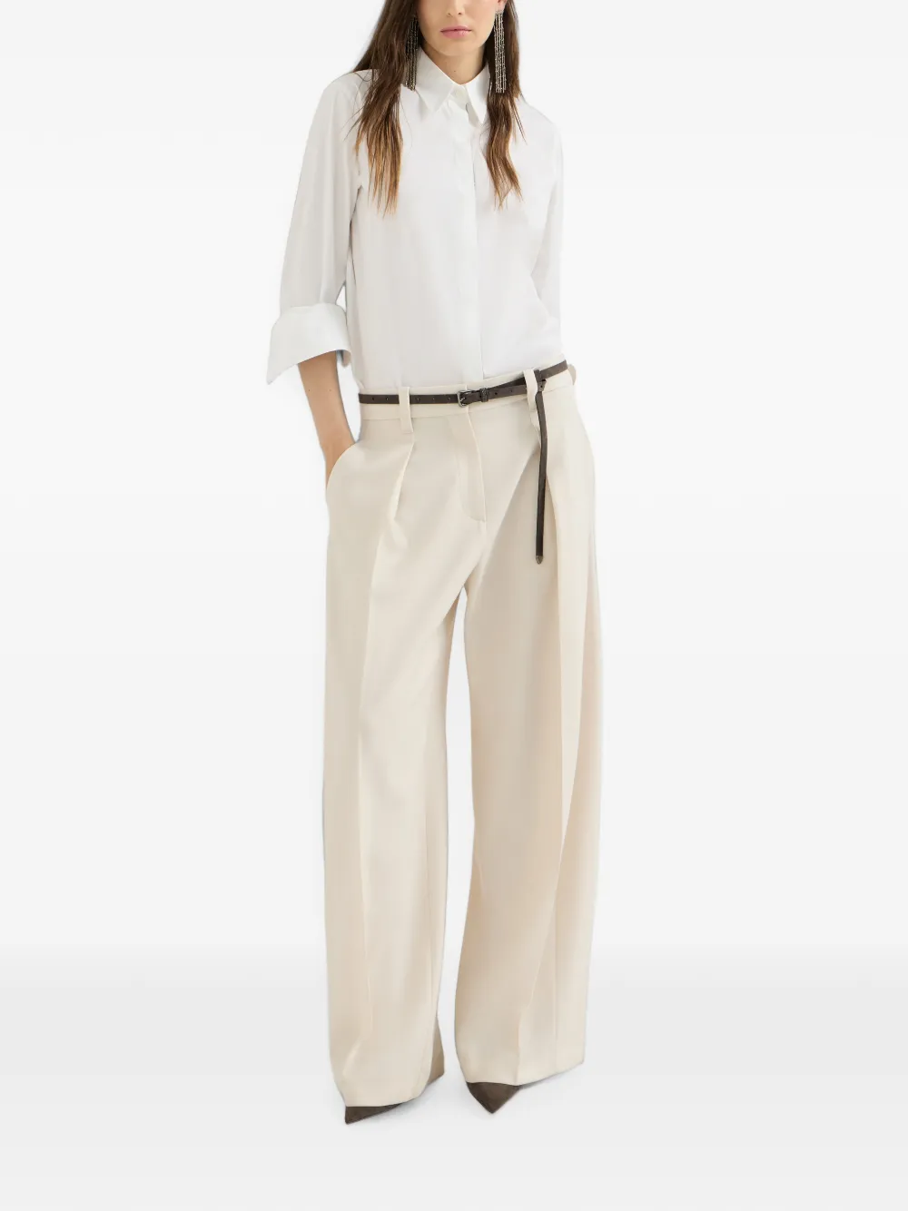 Brunello Cucinelli Gabardine plooibroek van scheerwol met monili Wit