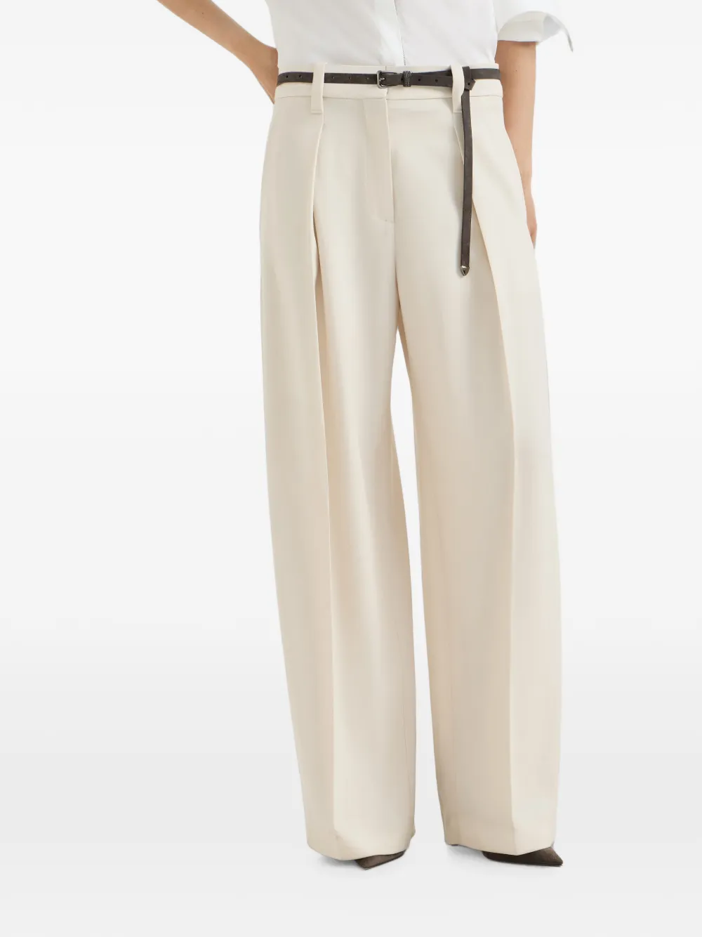 Brunello Cucinelli Gabardine plooibroek van scheerwol met monili Wit