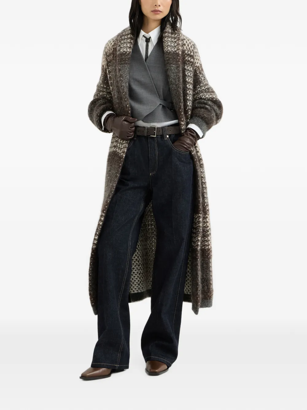 Brunello Cucinelli Mohair scheerwol en kasjmier jas met tartan ruit Bruin