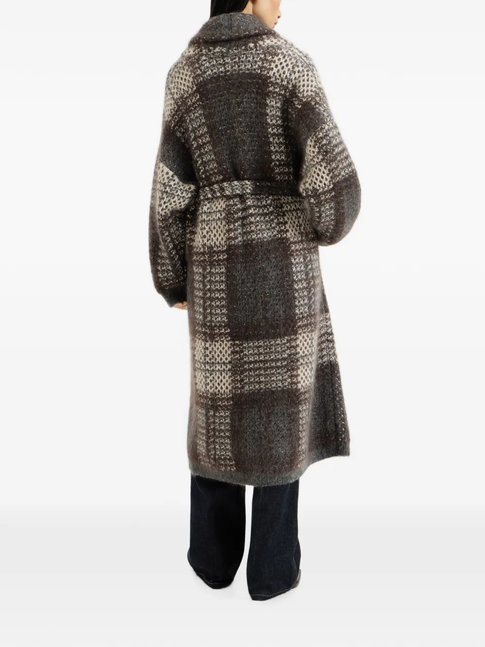Brunello Cucinelli Mohair scheerwol en kasjmier jas met tartan ruit Bruin