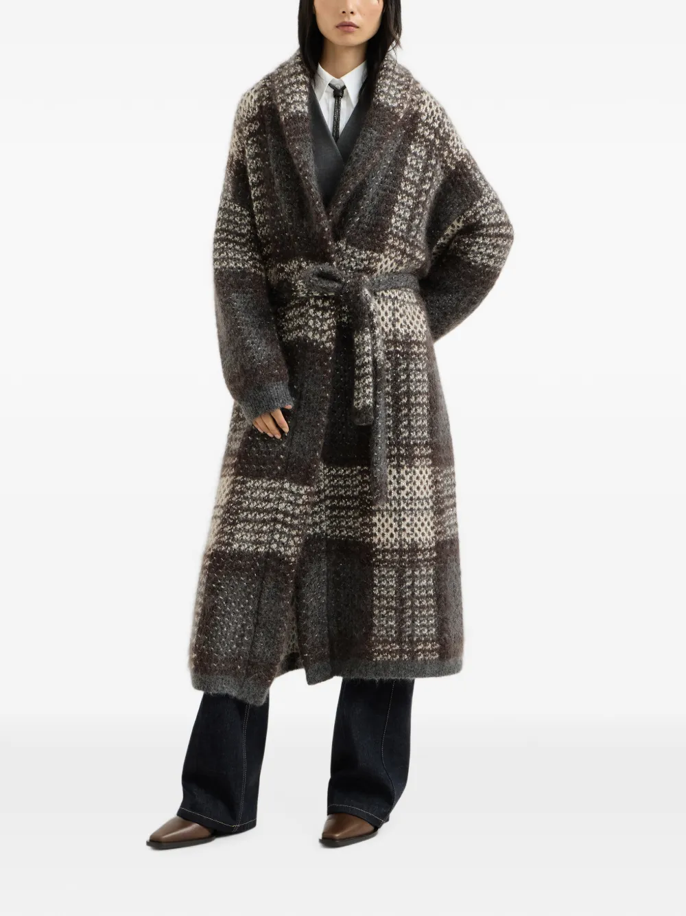 Brunello Cucinelli Mohair scheerwol en kasjmier jas met tartan ruit Bruin
