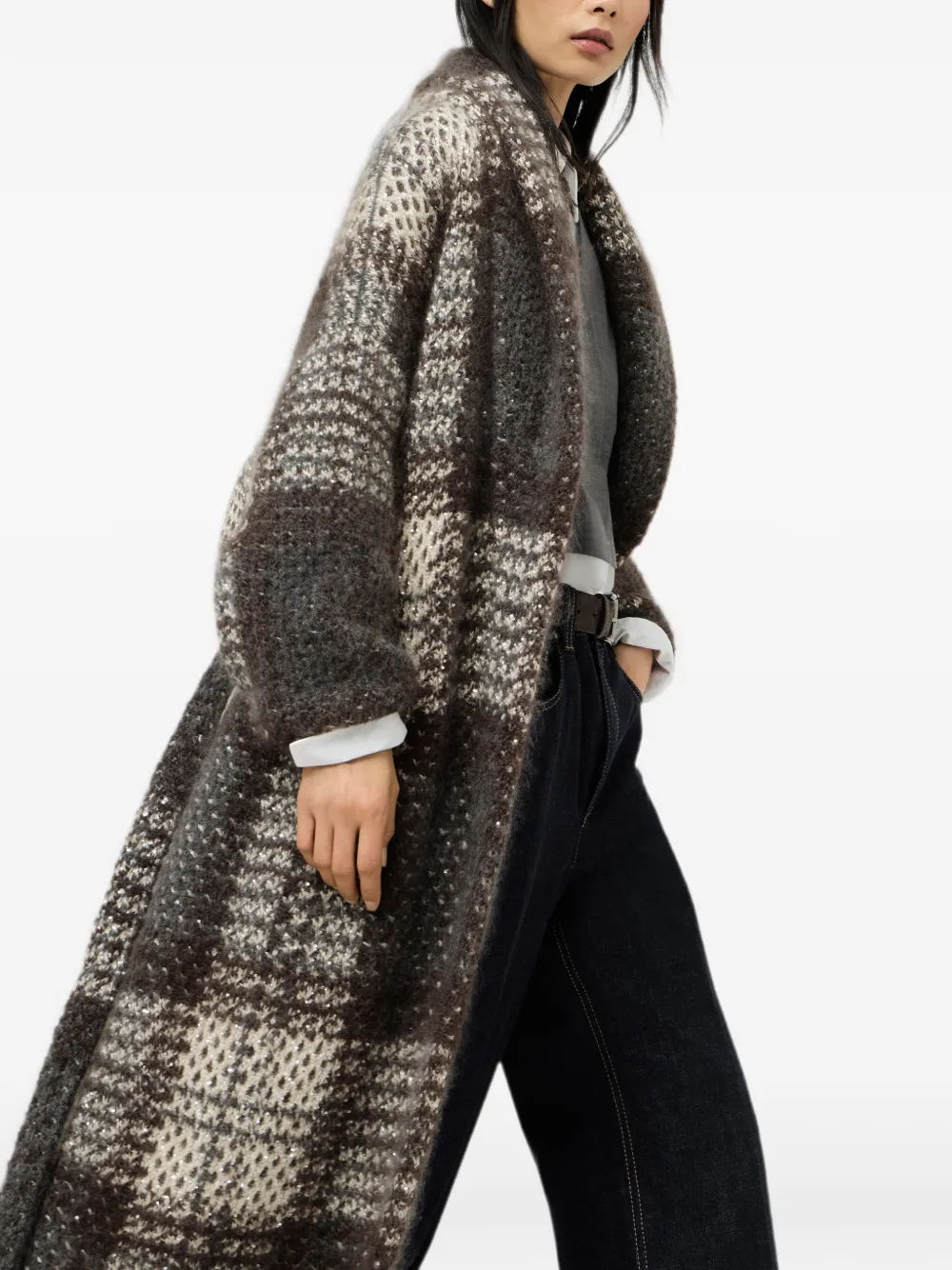 Brunello Cucinelli Mohair scheerwol en kasjmier jas met tartan ruit Bruin