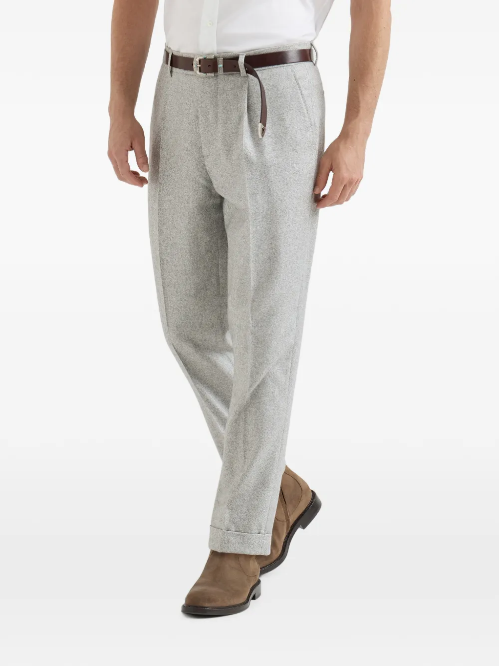 Brunello Cucinelli Zijden en kasjmier tweed broek met plooi Grijs