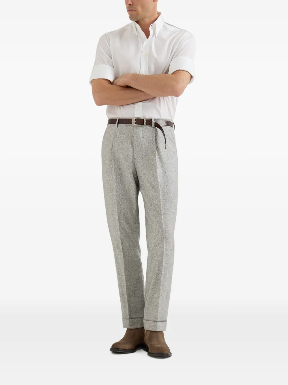 Brunello Cucinelli Zijden en kasjmier tweed broek met plooi Grijs