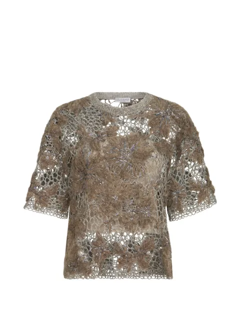 Brunello Cucinelli whispering bloom embroidery knit T-shirt in sparkling mohair and wool
