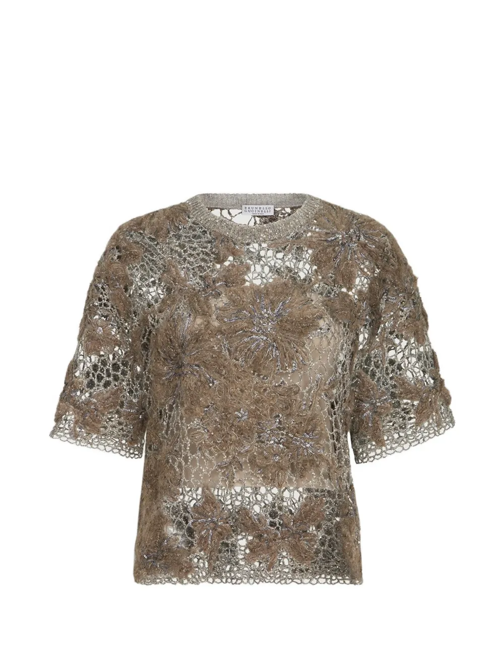 Brunello Cucinelli T-shirt in mohair e lana con ricamo a fiori - Marrone