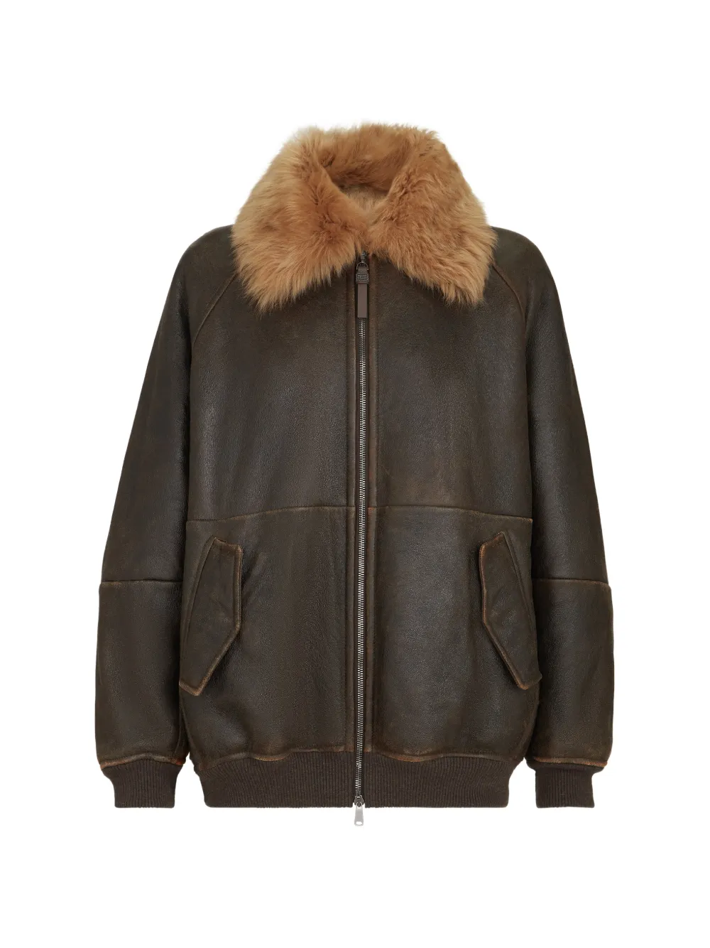 Brunello Cucinelli Vintage-effect shearling bomber jacket with shiny zipper pull - Marrone