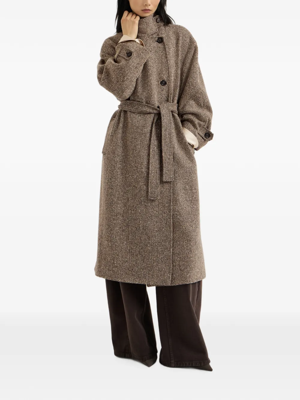 Brunello Cucinelli Monili jas met ceintuur en chevron-streep en scheerwol Bruin