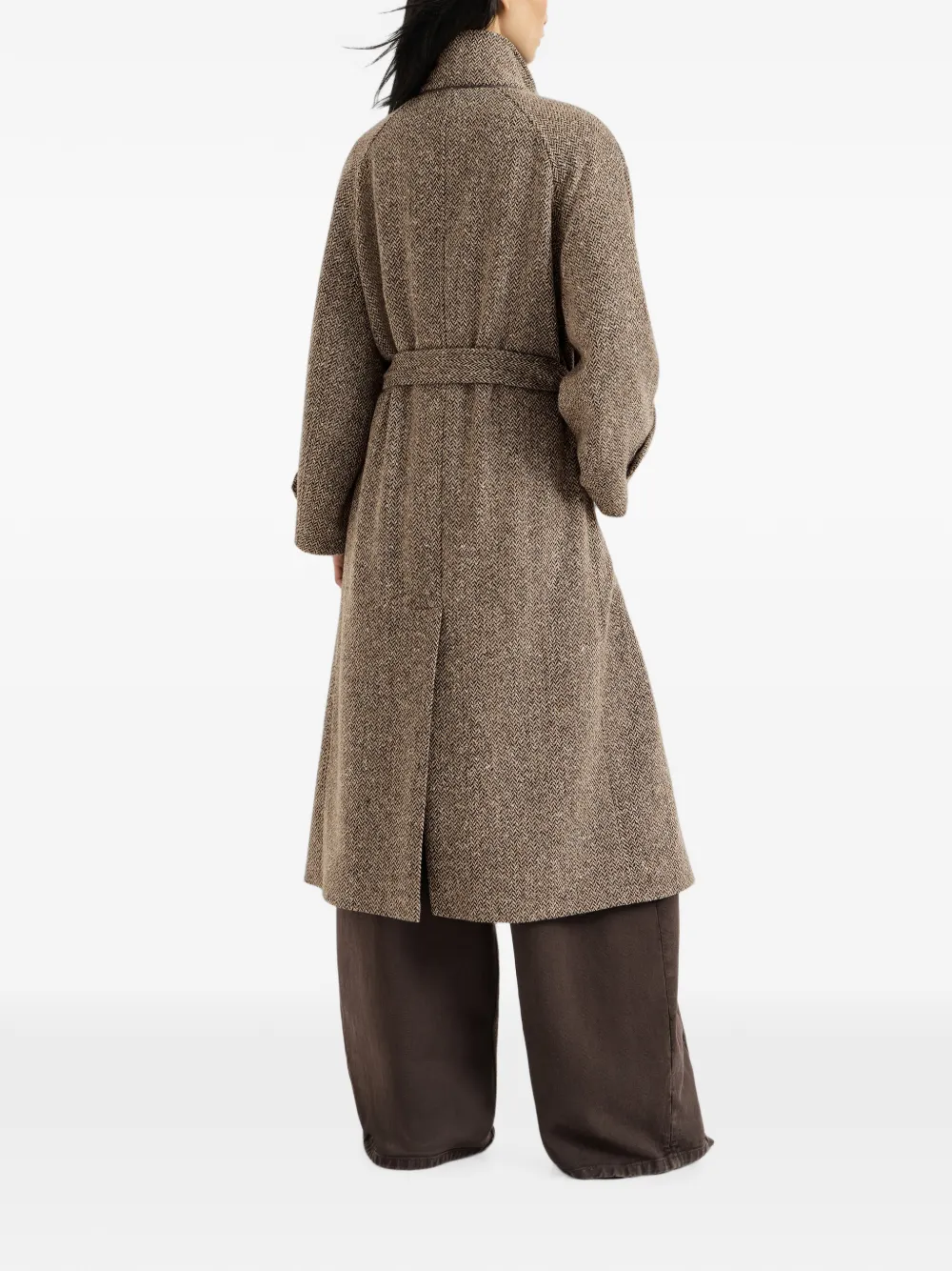 Brunello Cucinelli Monili jas met ceintuur en chevron-streep en scheerwol Bruin