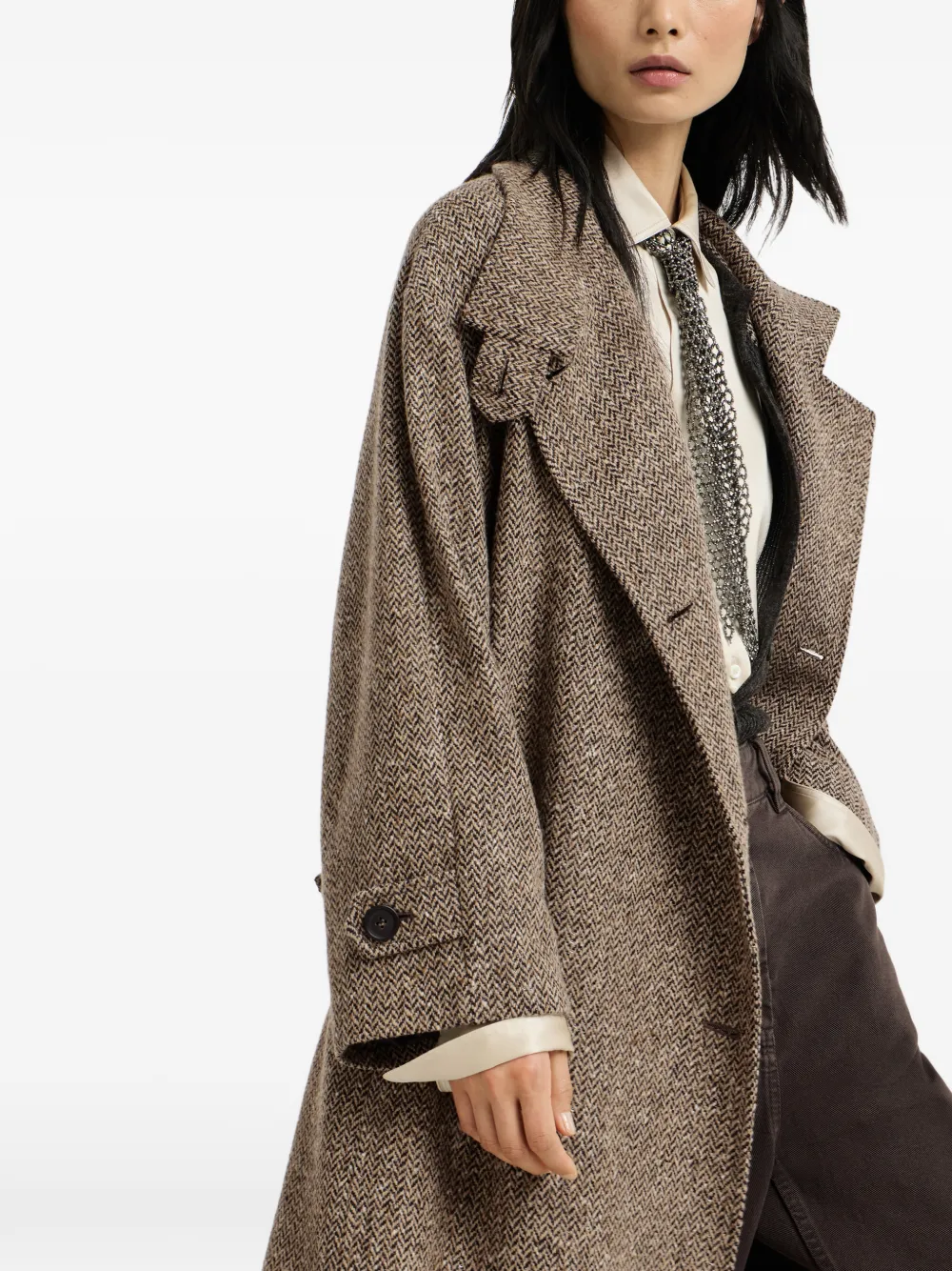 Brunello Cucinelli Monili jas met ceintuur en chevron-streep en scheerwol Bruin