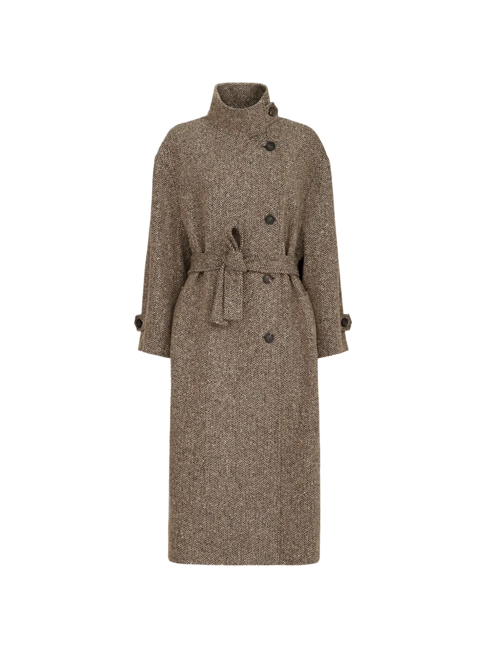 Brunello Cucinelli sparkling virgin wool Chevron belted coat with Monili - Marrone