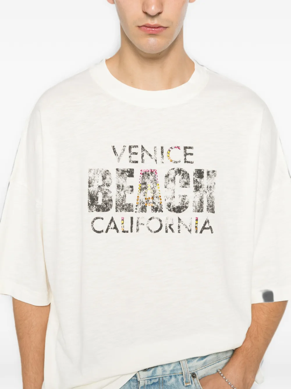 Palm Angels T-shirt verfraaid met stras en grafische print Beige