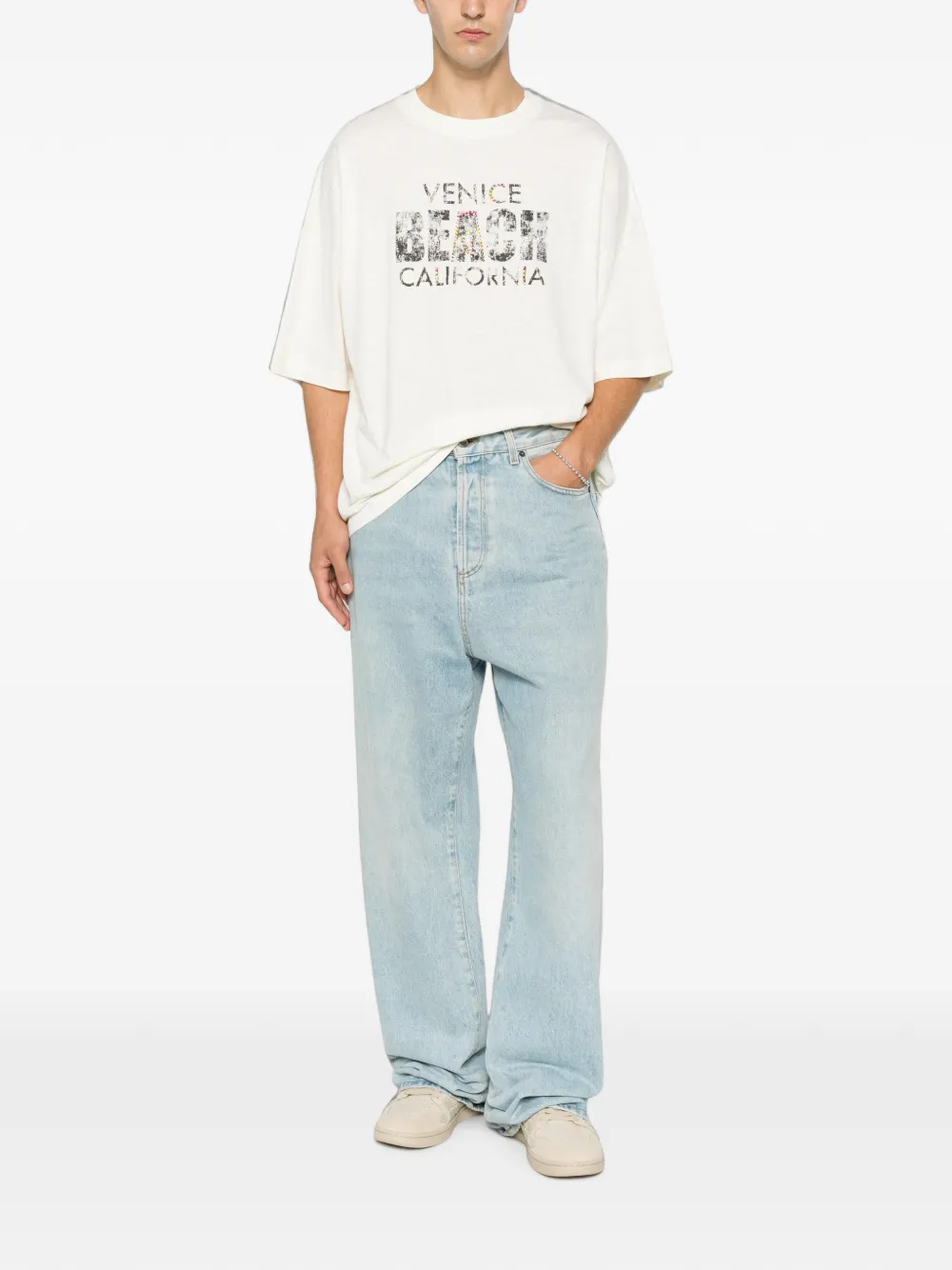 Palm Angels T-shirt verfraaid met stras en grafische print Beige