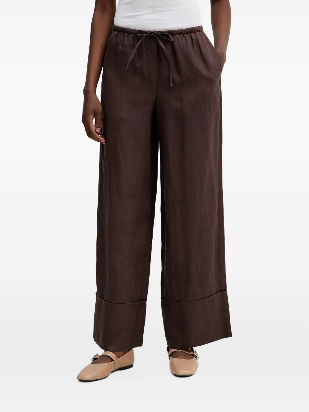 Benetton pantalon ample en lin à lien de resserrage - Marron Benetton pantalon ample en lin à lien de resserrage - Marron