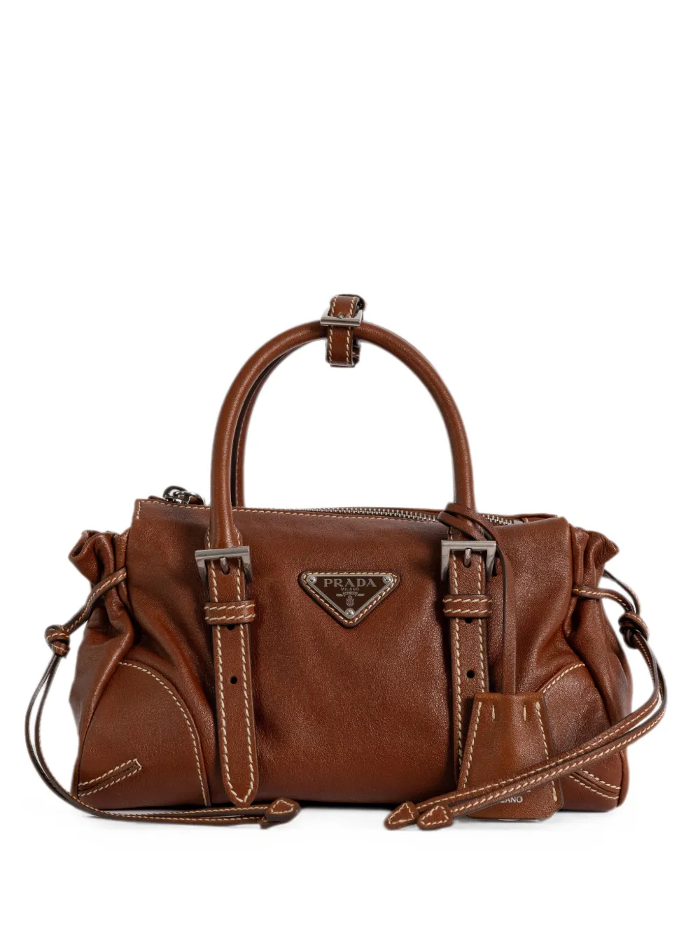 Prada Bonnie small buckle-detail logo-plaque satchel bag - Marrone