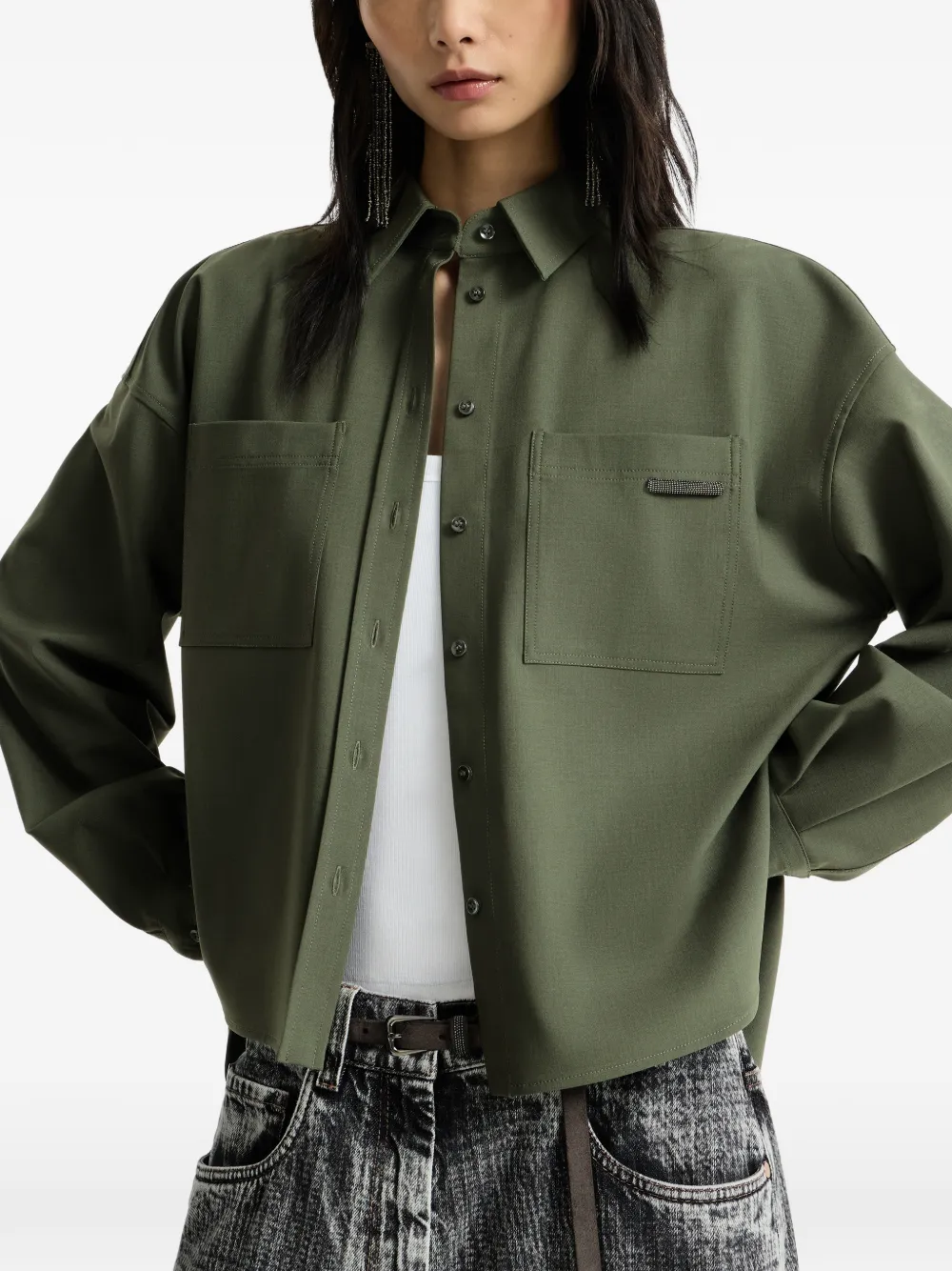 Brunello Cucinelli Tropisch luxe wollen blouse met glanzende lus Groen