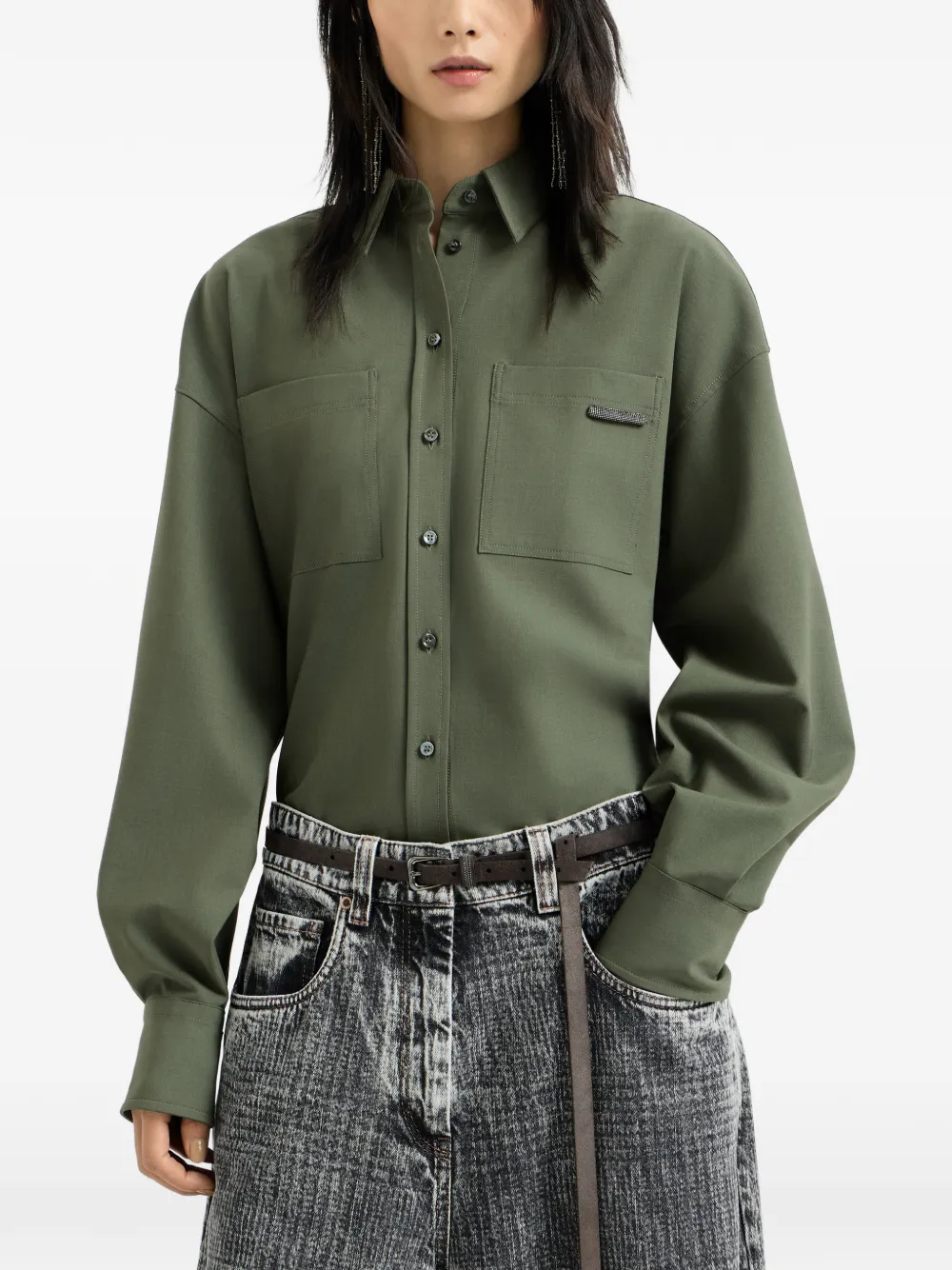 Brunello Cucinelli Tropisch luxe wollen blouse met glanzende lus Groen